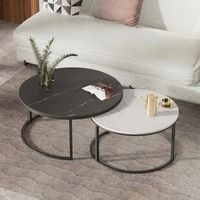 Table d'appoint ronde en métal noir et or avec plateau en verre, céramique ou marbre texturé pour salon