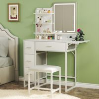 Coiffeuse blanche avec 4 tiroirs de rangement en tissu, chaise et étagères pour chambre à coucher