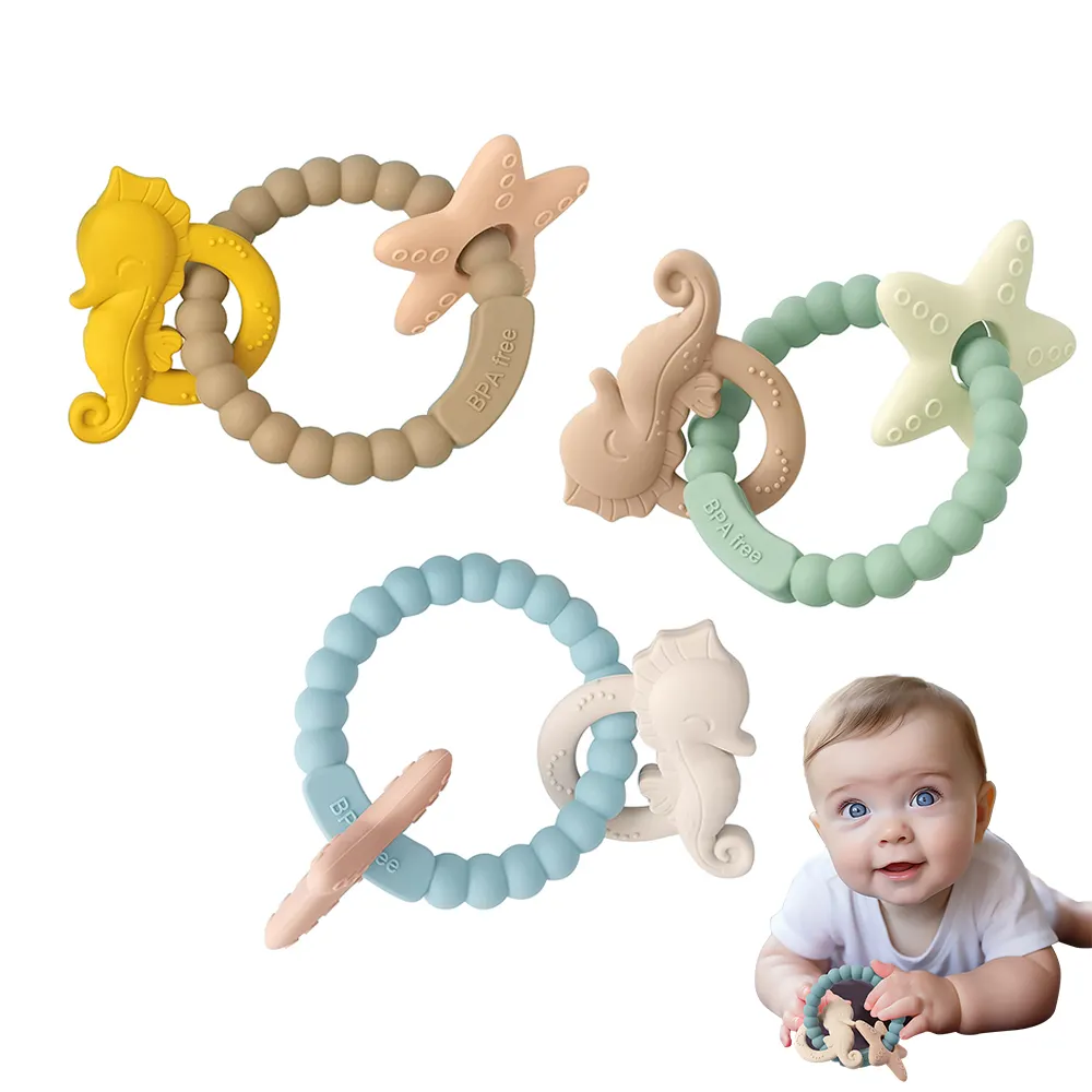 Großhandel Custom Logo Neues Design Beißring Schmerz linderung Spielzeug Silikon Baby Beiß ringe Rassel