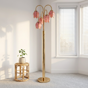 Iluminación Ambiental Relajante: Lámpara de Pie de Cristal Rosa con Acabado Dorado para Salón - Product Image 1