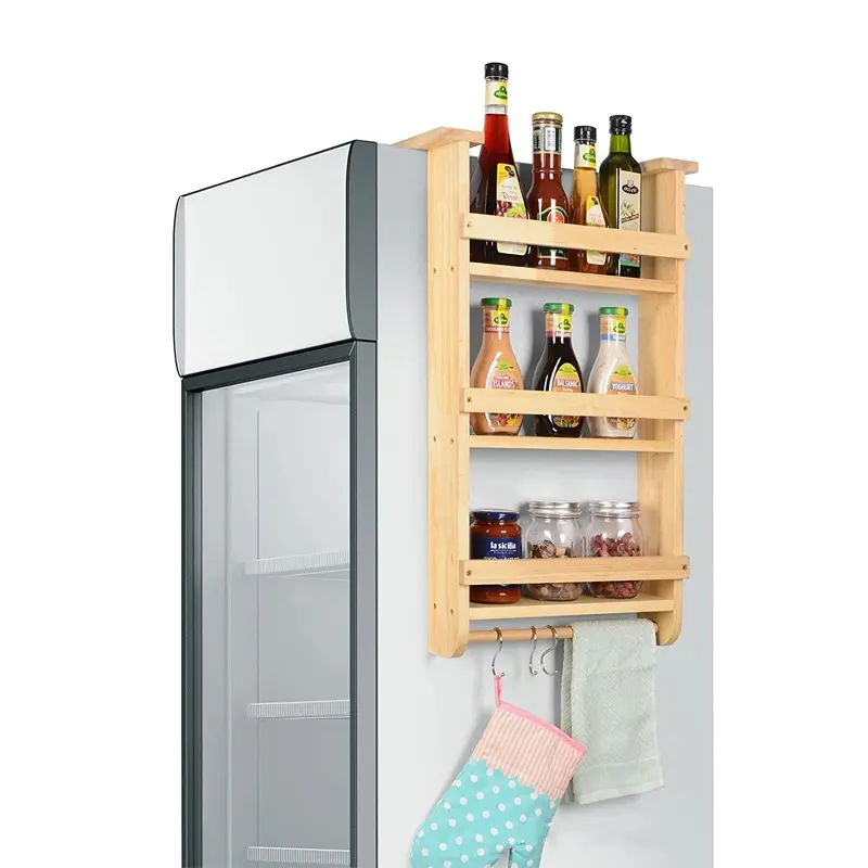 Gran oferta, estante organizador de almacenamiento para refrigerador lateral, estante de especias de madera de bambú, soporte para condimentos, organizador, accesorios de cocina