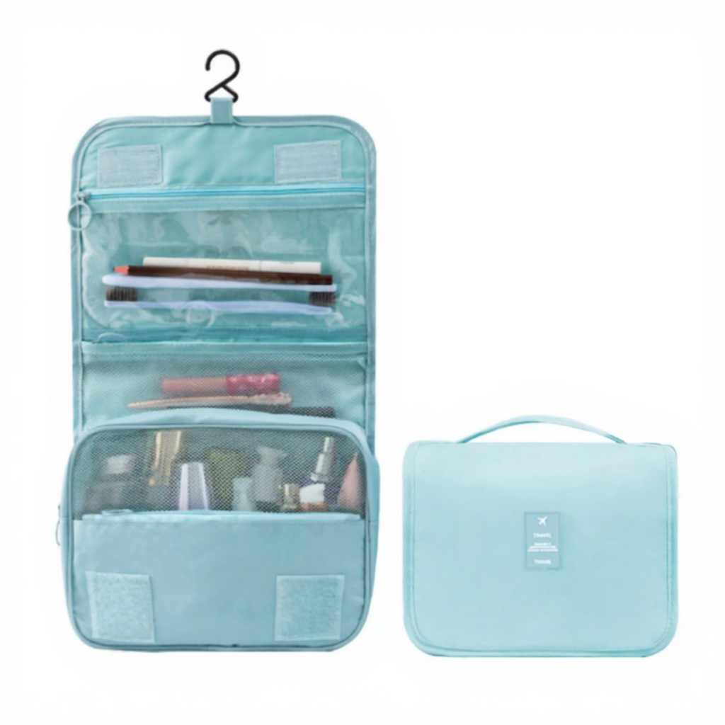 กระเป๋าเครื่องสำอางสำหรับเดินทาง ความจุขนาดใหญ่ สีฟ้าสดใส