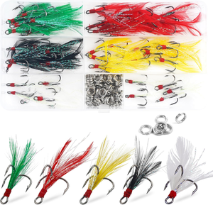 120 hameçons triples à plumes, courbés et ronds, avec anneaux fendus <span class=keywords><strong>pour</strong></span> <span class=keywords><strong>la</strong></span> fabrication de leurres spinner, spoon et crankbait, <span class=keywords><strong>pour</strong></span> eau salée et eau douce - Product Image 1