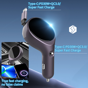 Nouveaux produits 2026, adaptateur de chargeur de téléphone de voiture USB avec câble USB C rétractable 30W, charge super rapide, chargeur de voiture USB 2 en 1 - Product Image 4