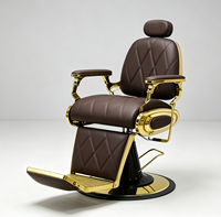 Fauteuil de barbier vintage de luxe avec cadre doré, robuste, hydraulique et inclinable, couleur marron, pour salon de coiffure