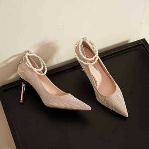Bridal Pumps Pointed Toe Stiletto Heel Ankle Strap Pearl Bead <b>Decor</b> High Heel Wedding <b>Shoes</b> Comfortable Satin Lining 6681Y - Product Image 2
