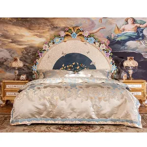 Furnitur Dicat Klasik Italia, Set Kamar Tidur Kayu Solid Tempat Tidur Ratu Mewah Ukiran Tangan Tempat Tidur Kayu