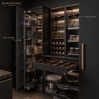 Armoires de cuisine modernes noires en panneaux mélaminés, acier inoxydable, stratifié marbré, design écologique et ignifuge pour appartement