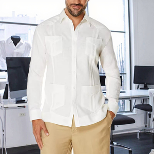 Camisas de <span class=keywords><strong>Guayabera</strong></span> cubana personalizadas de fábrica para hombre, camisa de vestir plisada clásica informal blanca de manga larga con 4 bolsillos - Product Image 2