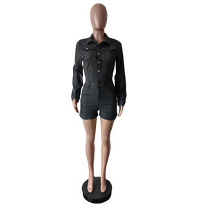 Canal mode 2025 à manches longues boutonné <span class=keywords><strong>Jean</strong></span> <span class=keywords><strong>combinaison</strong></span> barboteuses avec poches femmes Vintage une pièce Denim combinaisons courtes - Product Image 6
