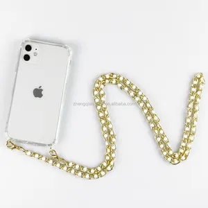 斜挎包透明防震带线时尚时尚项链金属链手机套，带珍珠链，适用于iphone 11 12 13 8 Plus