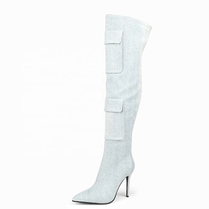 Bottes au-dessus du genou pour femmes, grande taille 45, avec grandes poches décoratives, en jean bleu, bottes cuissardes, couleurs personnalisées, talons fins - Product Image 2