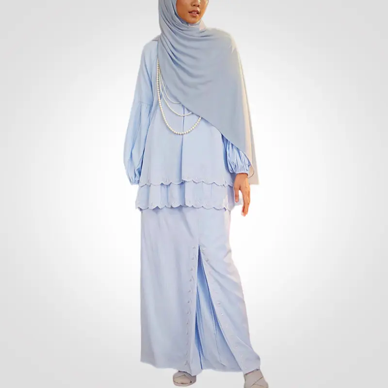 SIPO Eid Oem มาเลเซียผู้หญิงมุสลิมชุดเย็บปักถักร้อยด้านบนจีบกลับสีฟ้าการออกแบบที่ทันสมัยBaju Kurung