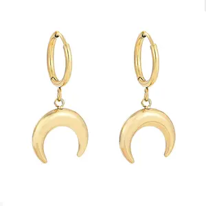 Waterproof Jewelry Women 14K Gold Plated Crescent Moon Charm Hoop Dangle Buffalo Horn Drop Huggie Earrings Stainless Steel