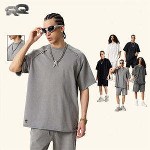 Été Américain Rétro 100% Coton Tissé 330gsm Lavage Lourd Batik Cercle Surdimensionné Plus Size Manches Courtes Ourlet Bouclé Motif Solide - Product Image 2