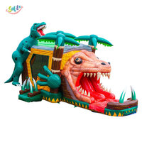 Structure gonflable dino-sauureuse de la jungle avec toboggan aquatique et château sauteur T-Rex, qualité professionnelle, pour location événementielle pour enfants