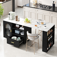 Îlot de cuisine mobile multifonctionnel OEM avec table extensible, plateau effet marbre, étagères de rangement, porte en verre, tiroir et roulettes