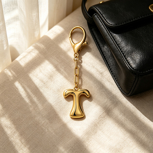 Gold Letter <b>T</b> Keychain Carabiner Charm Luxury Bag Accessory Zinc Alloy Metal Pendant - Product Image 1