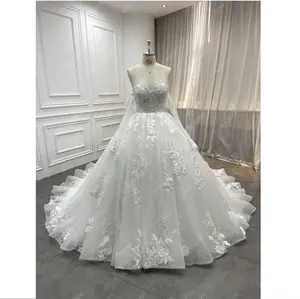 Sweetheart Detachable Long Sleeves Lace Up Back Glitter Tulle Puffy Ball Gown Bridal Dress