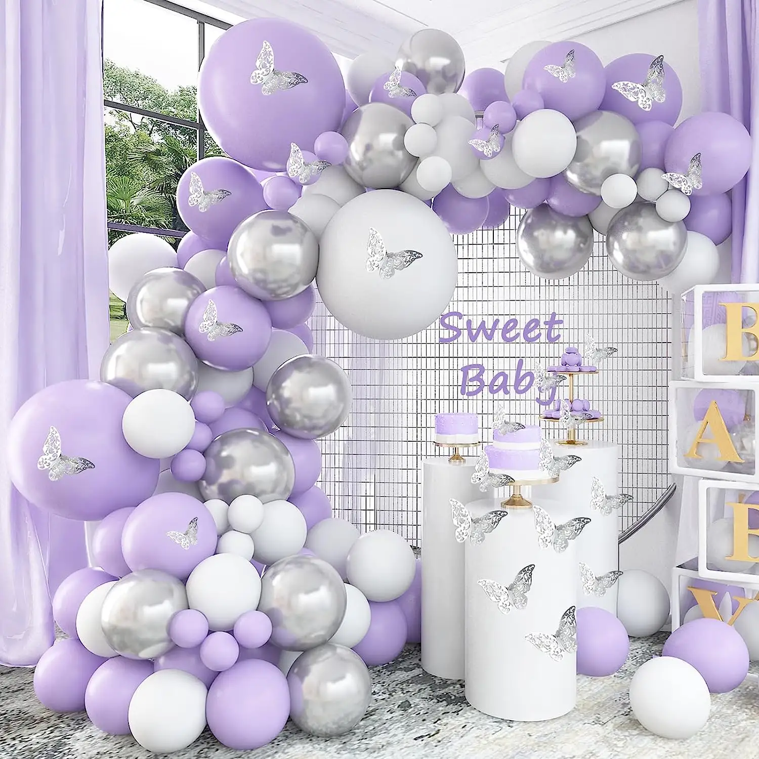 Purple Balloon Garland Kit 140 Pcs Lavender White Silver Balloon Arch Butterfly Stickers for Birthday Bridal Shower