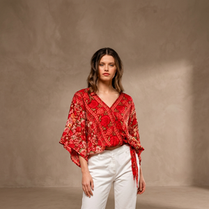 Blusa de Algodón de Alta Calidad para Mujer, Estampado Floral, Cuello en V, Manga Campana, Estilo Bohemio, Ecológica - Product Image 3
