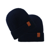 Écusson en cuir personnalisé chaud hiver bleu marine laine Beanie chapeau thermique épais bonnet de neige chapeaux pour hommes femmes