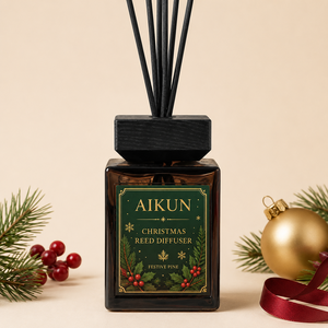 Aikun Amber Allure <b>Square</b> Smoked Glass Window Box Christmas Reed Diffuser <b>Set</b> with Black Fiber Sticks Wooden Cap for Holiday - Product Image 2