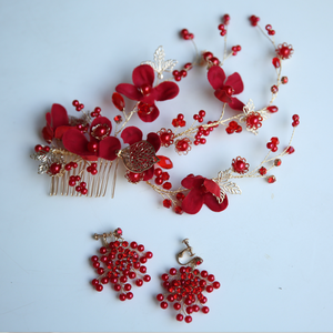 Promotion : <span class=keywords><strong>Couronne</strong></span> de <span class=keywords><strong>mariage</strong></span> en tissu à <span class=keywords><strong>fleurs</strong></span> rouges, peigne à cheveux perlé en alliage avec feuilles, ensembles de bijoux boucles d'oreilles, accessoires de <span class=keywords><strong>coiffure</strong></span> de mariée - Product Image 6
