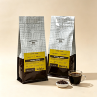 Sachet de café noir mat personnalisé de haute qualité avec logo, scellé sur huit côtés, sac portable à fond plat pour l'emballage alimentaire et du café