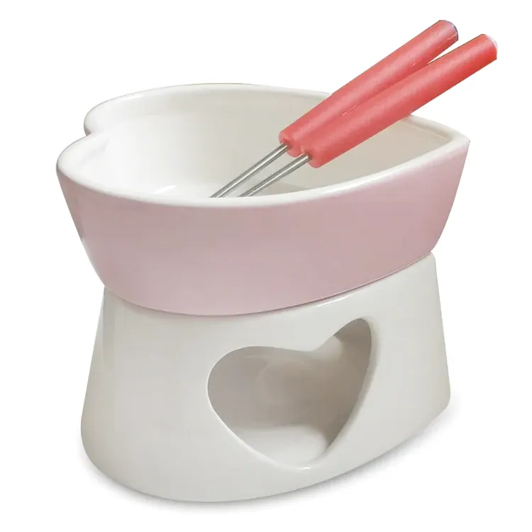 Chocolade Fondue Met 2 Stuks Spiesjes Roze Keramische Kaasfondue Pot Steengoed Hart Vorm Fondue Set