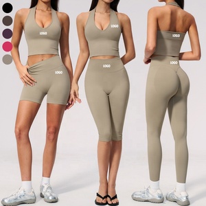 Women Halter Neck Yoga Tank Top High Waist Sports Capri Leggings Workout Set High Compression Four-Way Stretch Fitness Gym Wear