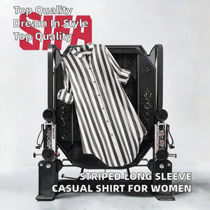 Camisa casual de mujer de punto lisa teñida estilo largo a rayas para primavera y otoño, blusa de manga suelta con solapa y botones - Product Image 2