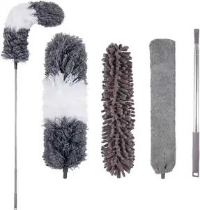 Microfiber Feather Duster 4 PCS, with 30 to 100 inches Extension Pole, Reusable Bendable Washable Dusters for Cleaning Ceiling