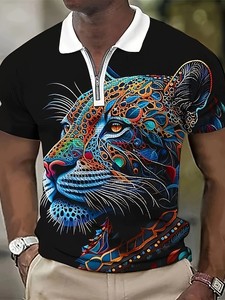 Vendita all'ingrosso da uomo con motivo animale colorato a maniche corte con cerniera stampata 3D - Product Image 5