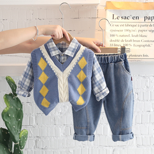 Autunno abbigliamento per bambini Set per bambini maglione all'ingrosso camicia a quadri Set <span class=keywords><strong>Jeans</strong></span> per ragazzi Set di stoffa per bambini stile britannico - Product Image 2
