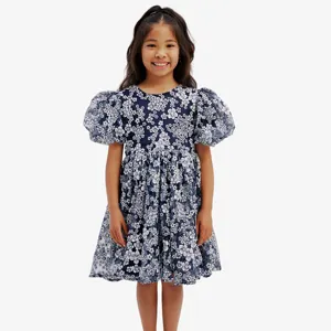 Private Label Navy Blue Floral Cotton Dress for Girls and Kids Woven A-Line Short Sleeve O-Neck Dress with Puffy Sleeves