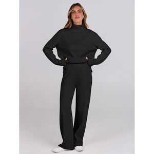 Ensemble de vêtements en maille pour femmes FOXA, 2 pièces, haut à col roulé, pantalon large, tenue décontractée pour l'automne, ensemble assorti confortable - Product Image 5