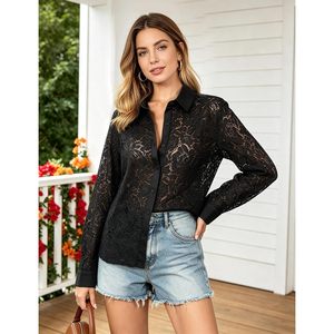 Blusas de encaje para mujer, blusa transparente de manga larga con botones, camisa elegante floral para fiesta, top de primavera y verano - Product Image 2