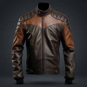 Blouson de moto en cuir de vache véritable pour homme, col montant, blocs de couleur, fermeture éclair, style motard, hiver, vente en gros, conception de logo personnalisé - Product Image 3