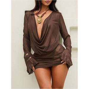 ชุดมินิเดรสผ้าตาข่ายซีทรูสำหรับผู้หญิง คอวีลึก แขนระบาย ทรงเข้ารูป ใช้คลุมชุดว่ายน้ำ เอวเข้ารูป ผ้าชีฟอง ชุดชายหาด - Product Image 3