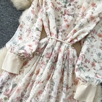 Robe décontractée pour femme WIWT, élégante, à imprimé floral, col en dentelle, manches longues, coupe trapèze, avec ceinture à nouer, pour tous les jours et les vacances