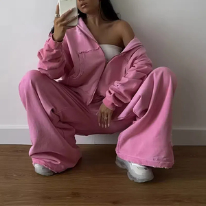 Automne hiver 2024 femmes vêtements survêtement survêtement ensemble Logo personnalisé 2 pièces Double fermeture éclair à capuche et pantalon de survêtement à jambe large ensemble - Product Image 3