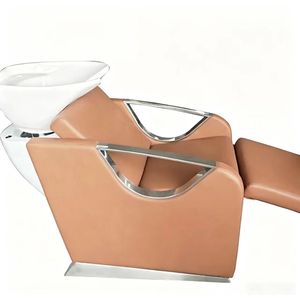 Fauteuil de lavage moderne pour salon avec bac en céramique, structure en acier inoxydable, repose-pieds réglable, station de lavage professionnelle - Product Image 4