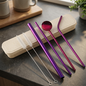 Purple Metal <b>Drinking</b> <b>Straws</b> Set of 4 Reusable Bar Accessories Modern Style - Product Image 2