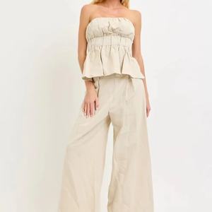 Nouvel ensemble tendance en lin sans dos, crop top et pantalon, pour femme, décontracté, respirant, en lin uni - Product Image 1