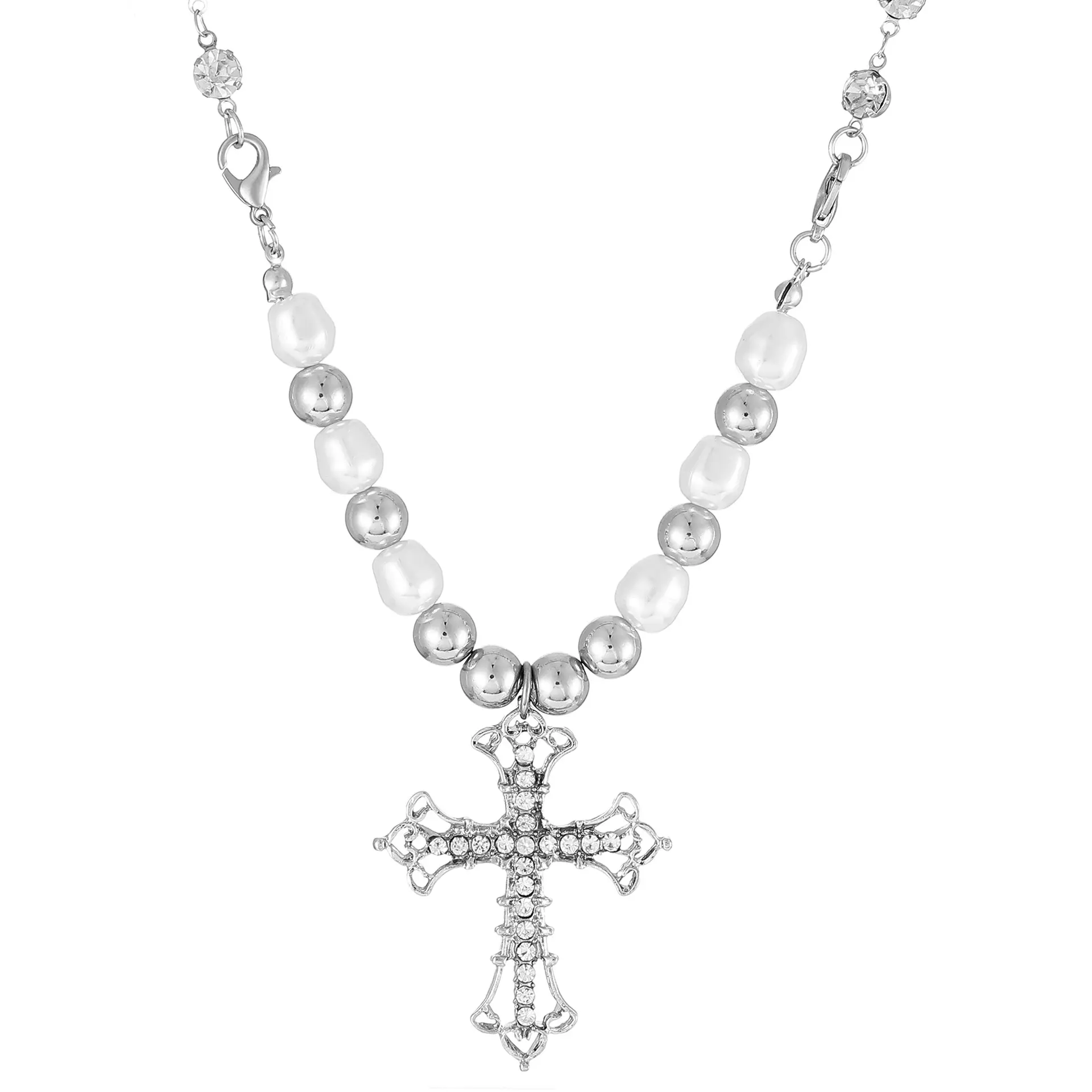 Fashion Jewelry Stainless Steel Vintage Punk Women And Men Hip Hop Pearl Cross Pendant Necklace