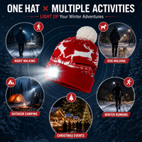 Bonnet de Noël LED en tricot avec pompon, motif renne, rouge et blanc, chaud pour l'hiver, rechargeable par USB, trois modes de luminosité, pour la marche en extérieur