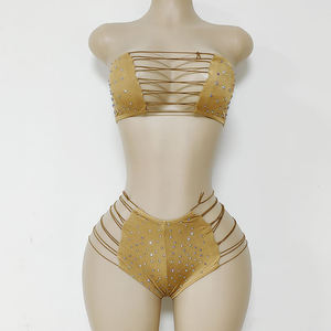 Bikini 2 pièces pour femme avec haut bandeau orné de strass et short <span class=keywords><strong>taille</strong></span> haute à découpes sexy, vente en gros personnalisée, tenue de carnaval, maillot de bain exotique - Product Image 5