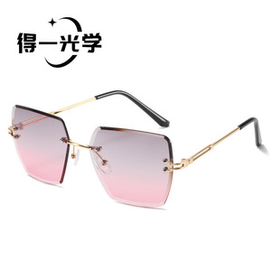 Frameless Chamfered <b>Sunglasses</b> For Women Gold Metal Frame Pc Lens Uv400 Sun Protection Travel Fashion Stage Performance - Product Image 5