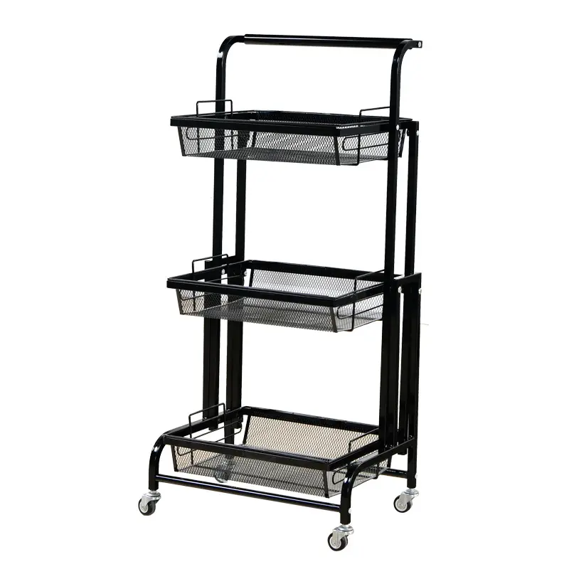 Easy Folding utility 3-tier metal rolling cart storage trolley easy assembly for kitchen office bathroom